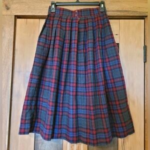 Vintage Laura Ashley Plaid Wool Pleated Winter Midi Skirt- Red, Blue, Grey- W26"